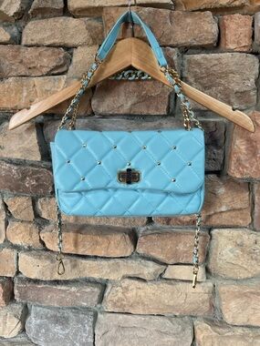 Badgley Mischka Quilted Light Blue Shoulder Bag with Gold Chain